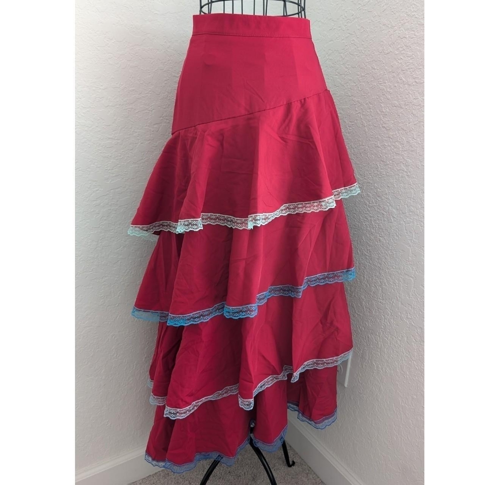 Asymmetrical Red Tiered Ruffle Skirt with Blue & White Lace Trim